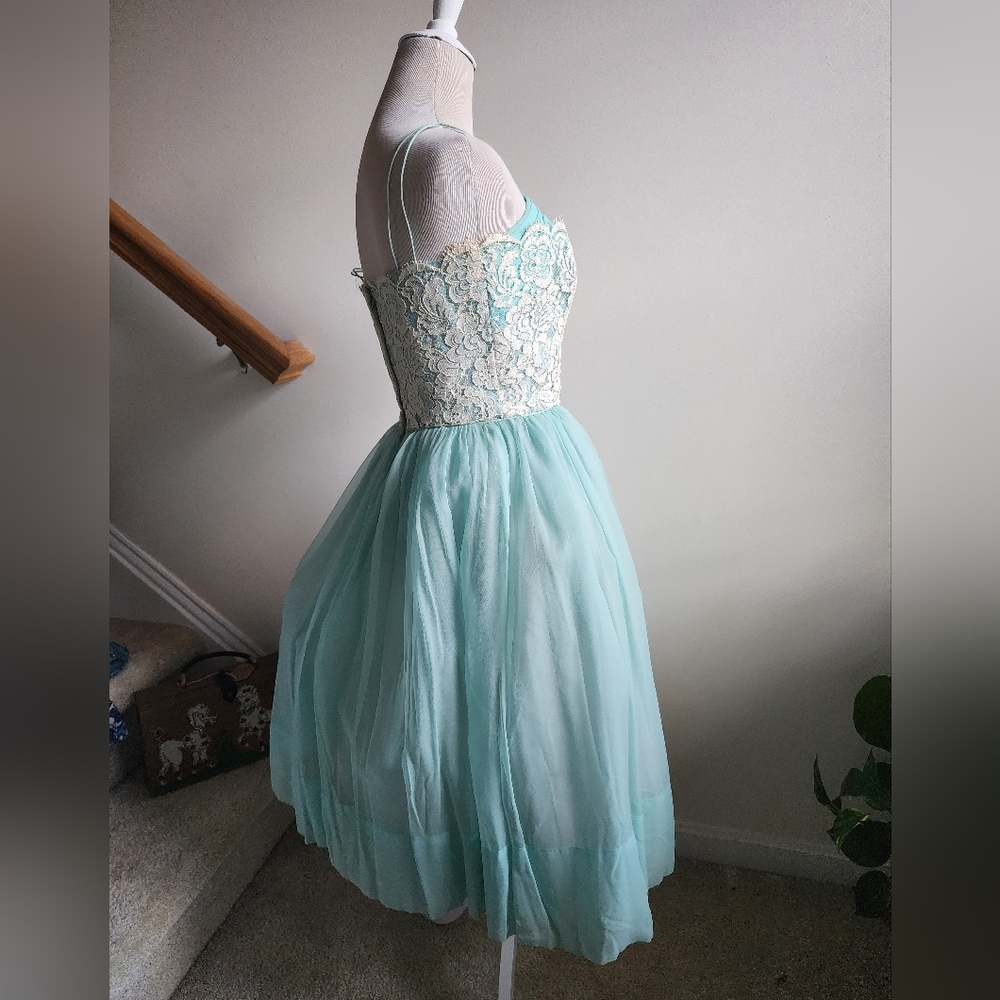 Rare 1950s Pinup Vintage Blue Chiffon Fit & Flare Dress White Lace Shelf Bust S - Picture 8 of 14